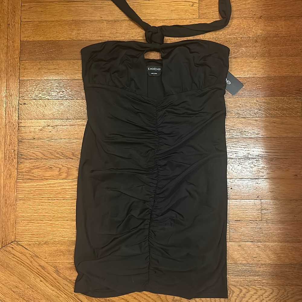Bebe black mini dress ruched halter tie back
